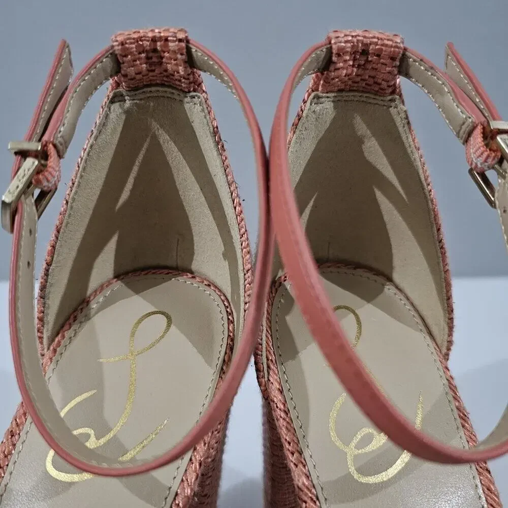 Sam Edelman Yaro Block Heel Sandal Womens 10.5 Pink Coral Woven Ankle Strap